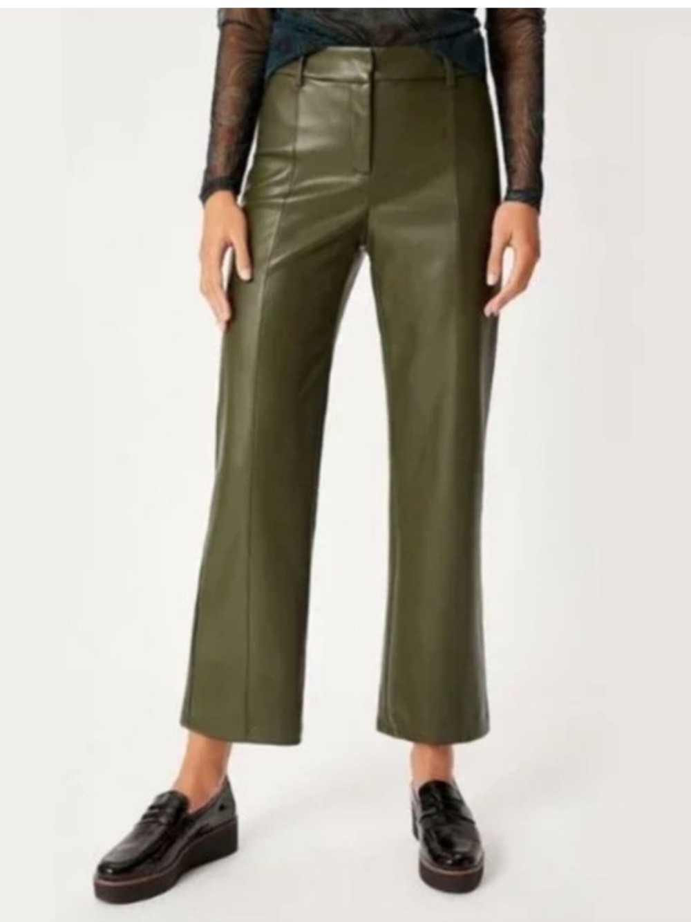 7 For All Mankind Faux Leather Cropped Wide Leg Trousers in Dark Hunter Green